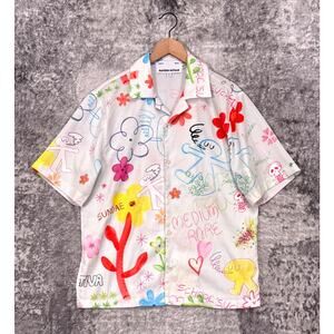 Sundae School Shirt Small Mens Satin Camp Collar Smokers Doodle Drawing Print